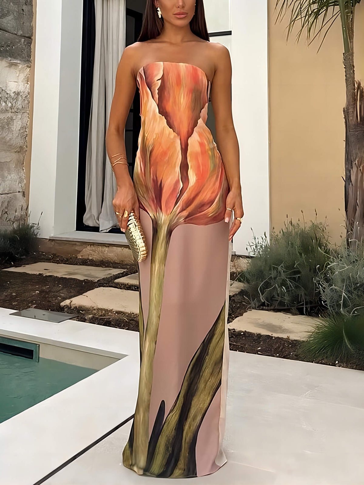 Tulip Print Bandeau Maxi Dress