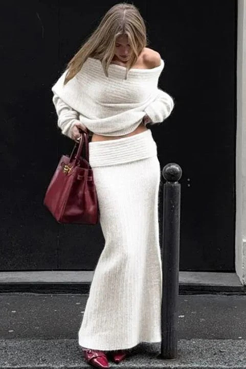 Off-Shoulder Knit Sweater And Long Skirt Set