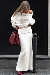 Off-Shoulder Knit Sweater And Long Skirt Set