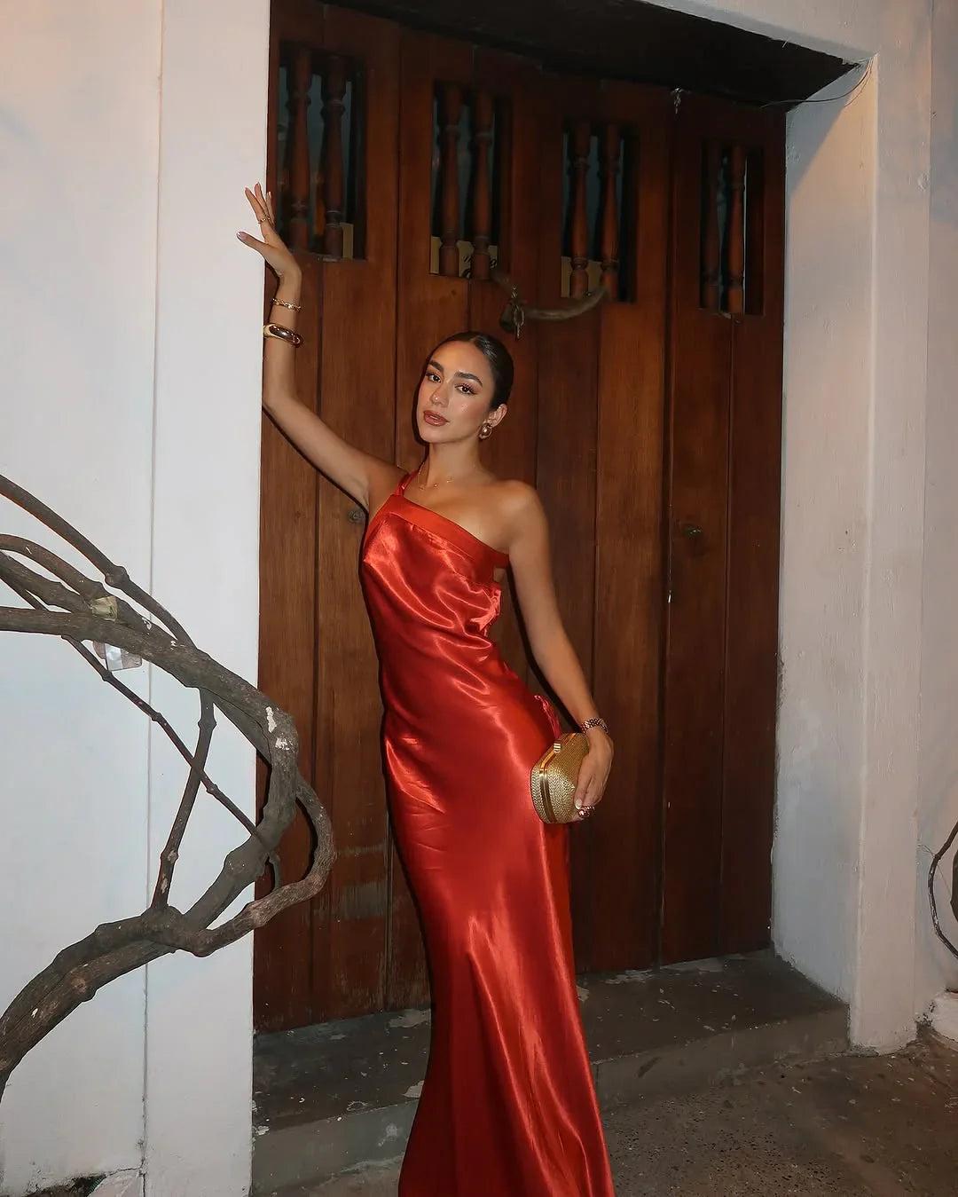 Orange Red Satin One Shoulder Maxi Dress