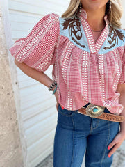 Gingham Print Puff Sleeve Blouse
