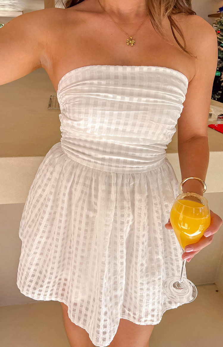 White Gingham Textured Strapless Mini Dress