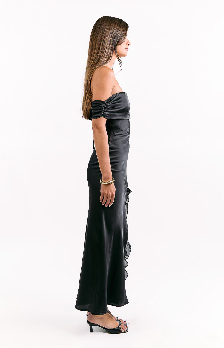 Black Off Shoulder Satin Maxi Dress