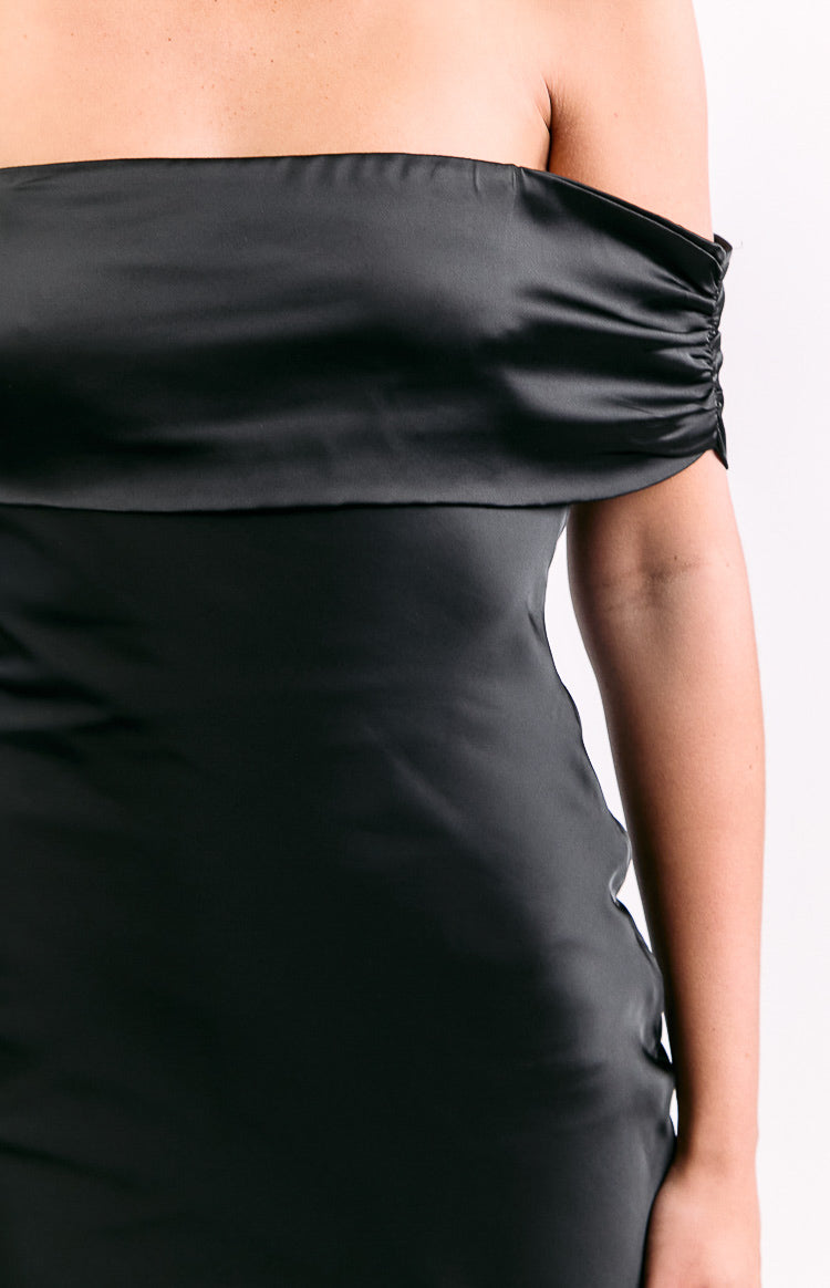 Black Off Shoulder Satin Maxi Dress