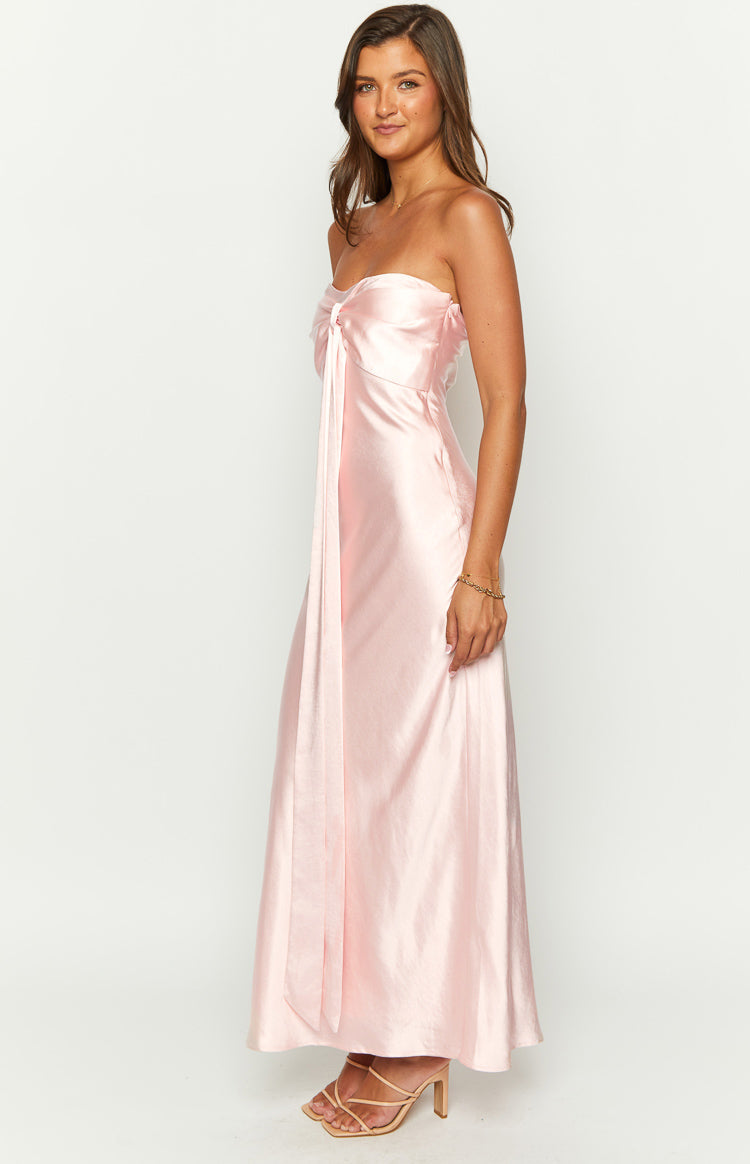 Light Pink Satin Strapless Maxi Dress