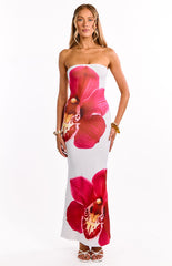 White Orchid Print Bandeau Maxi Dress