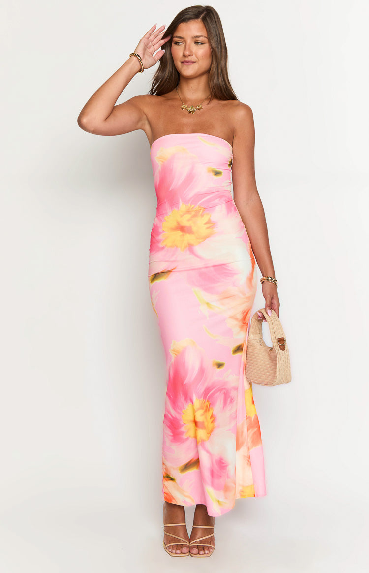 Pink And Orange Floral Mesh Maxi Dress