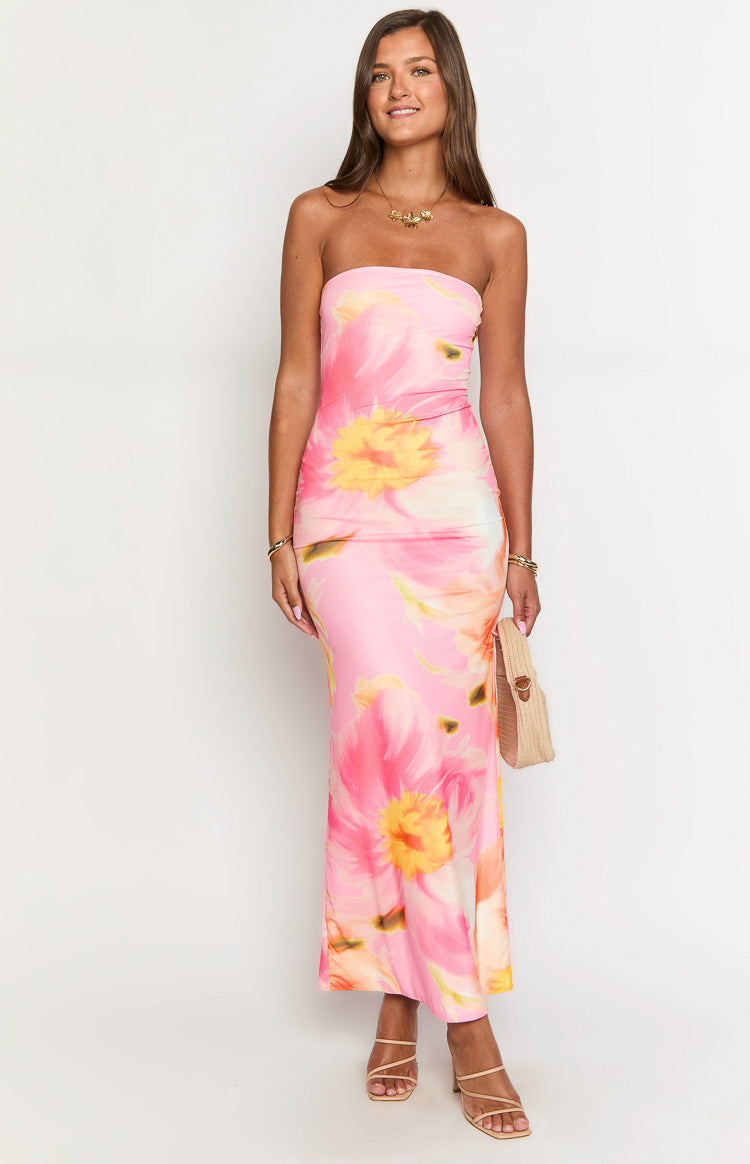Pink And Orange Floral Mesh Maxi Dress
