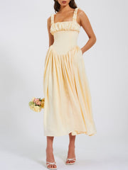 Solid Pleated Waist Slip Maxi Dress