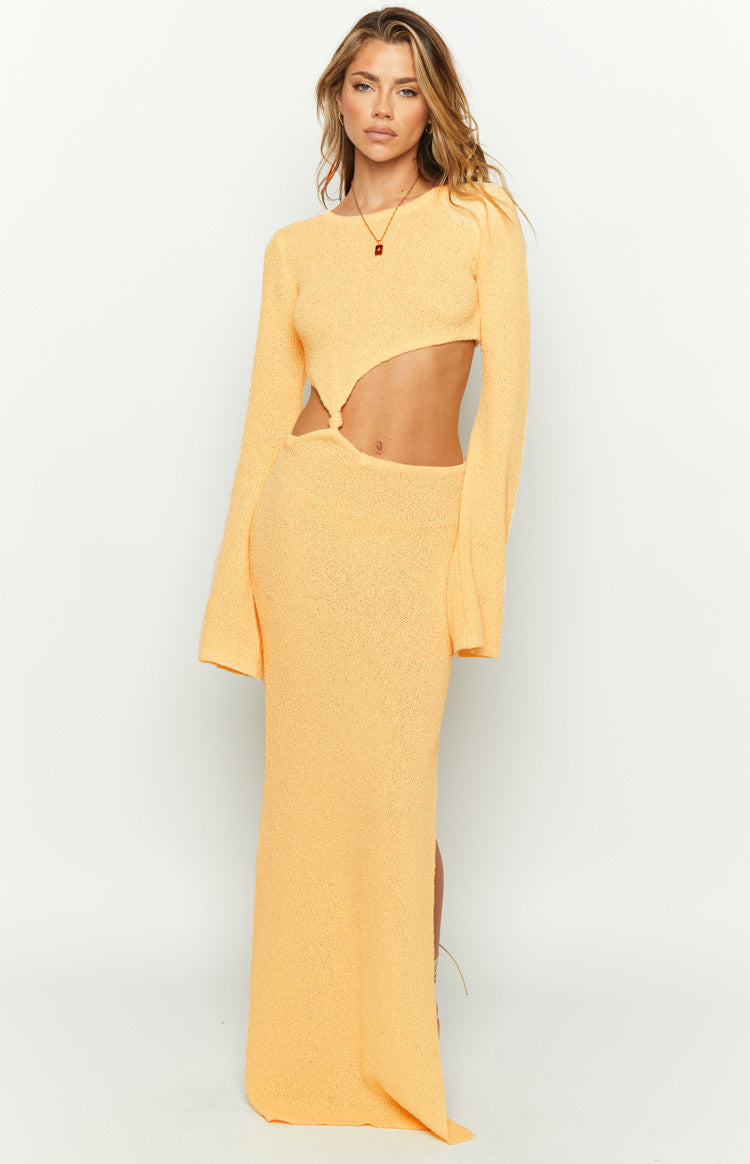 Yellow Long Sleeve Knit Maxi Dress