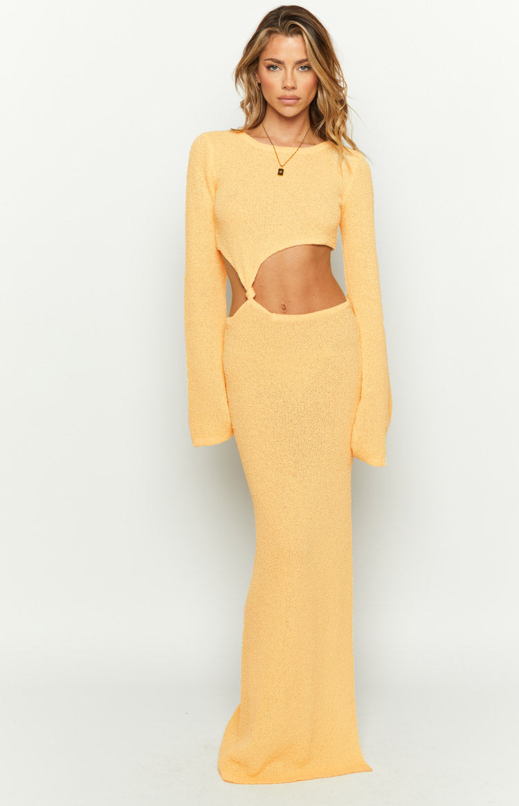 Yellow Long Sleeve Knit Maxi Dress