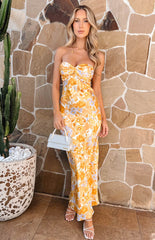 Orange Floral Formal Bandeau Maxi Dress