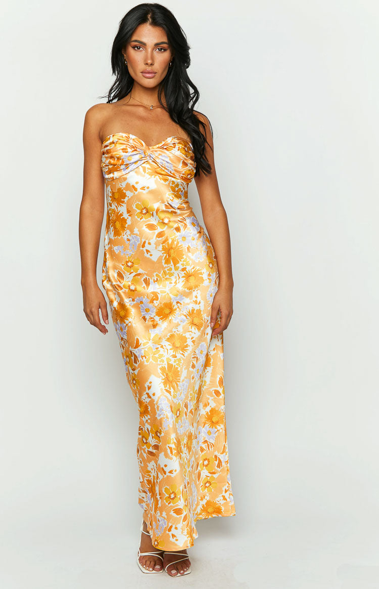 Orange Floral Formal Bandeau Maxi Dress