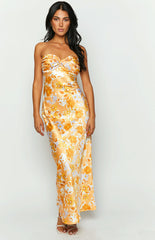 Orange Floral Formal Bandeau Maxi Dress
