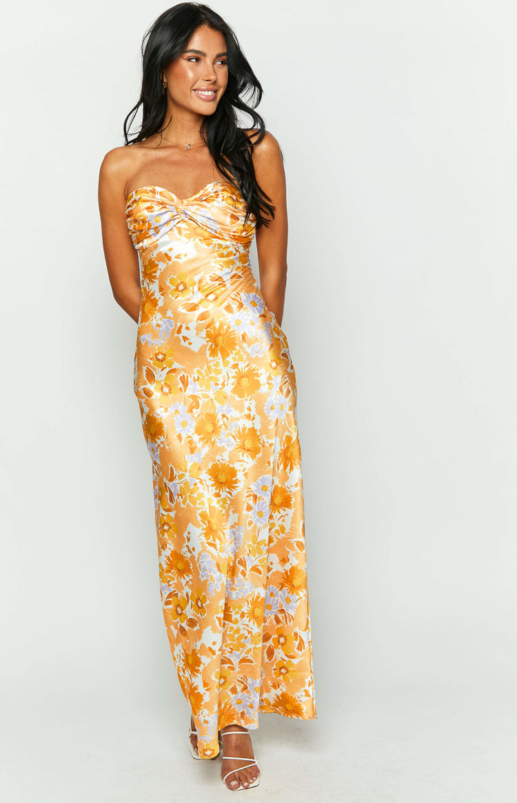 Orange Floral Formal Bandeau Maxi Dress
