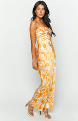 Orange Floral Formal Bandeau Maxi Dress