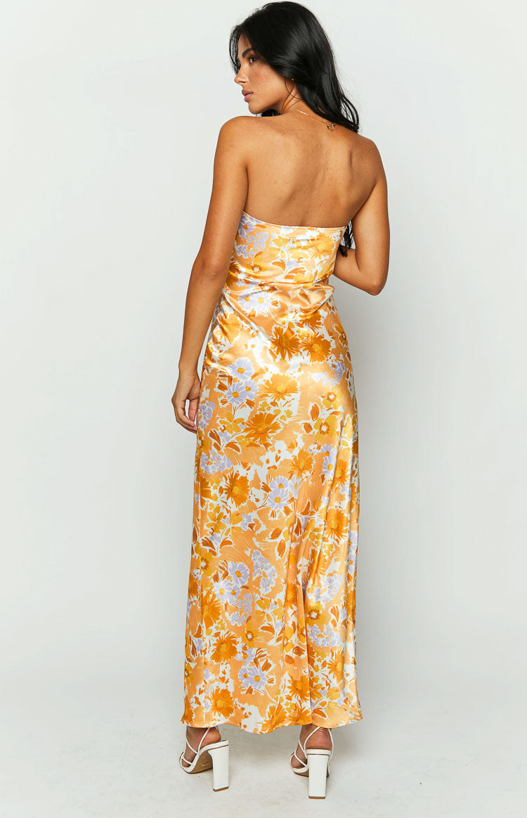 Orange Floral Formal Bandeau Maxi Dress