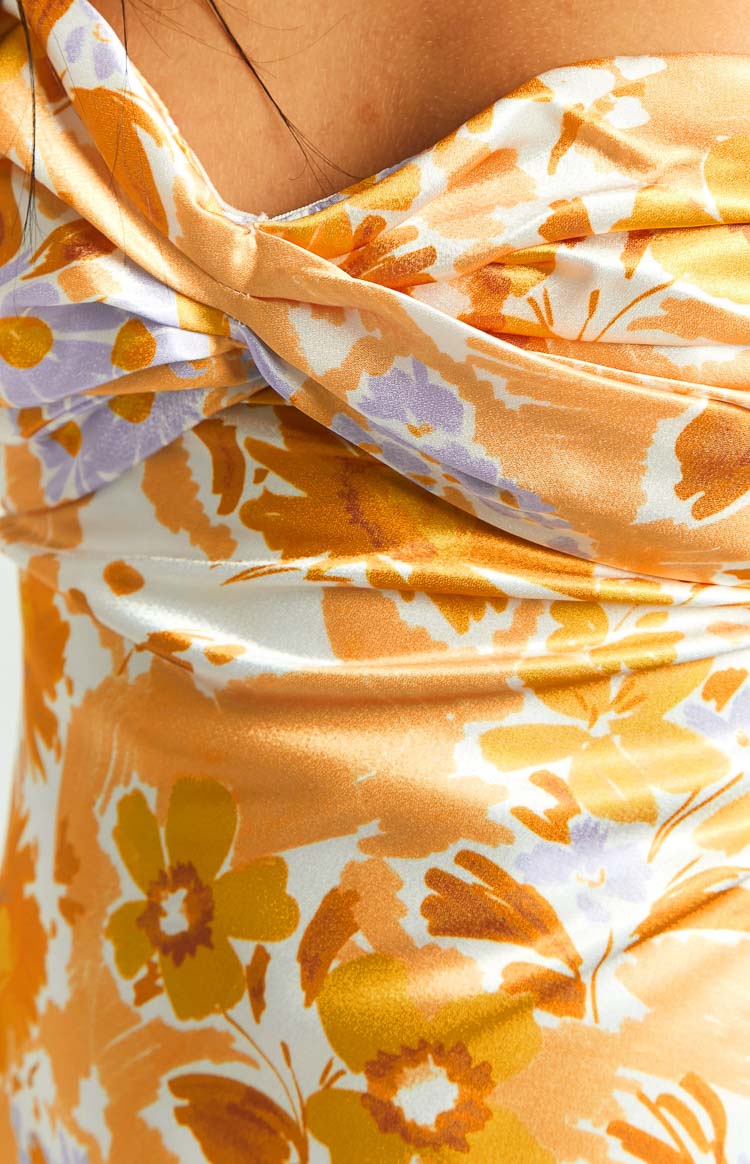 Orange Floral Formal Bandeau Maxi Dress