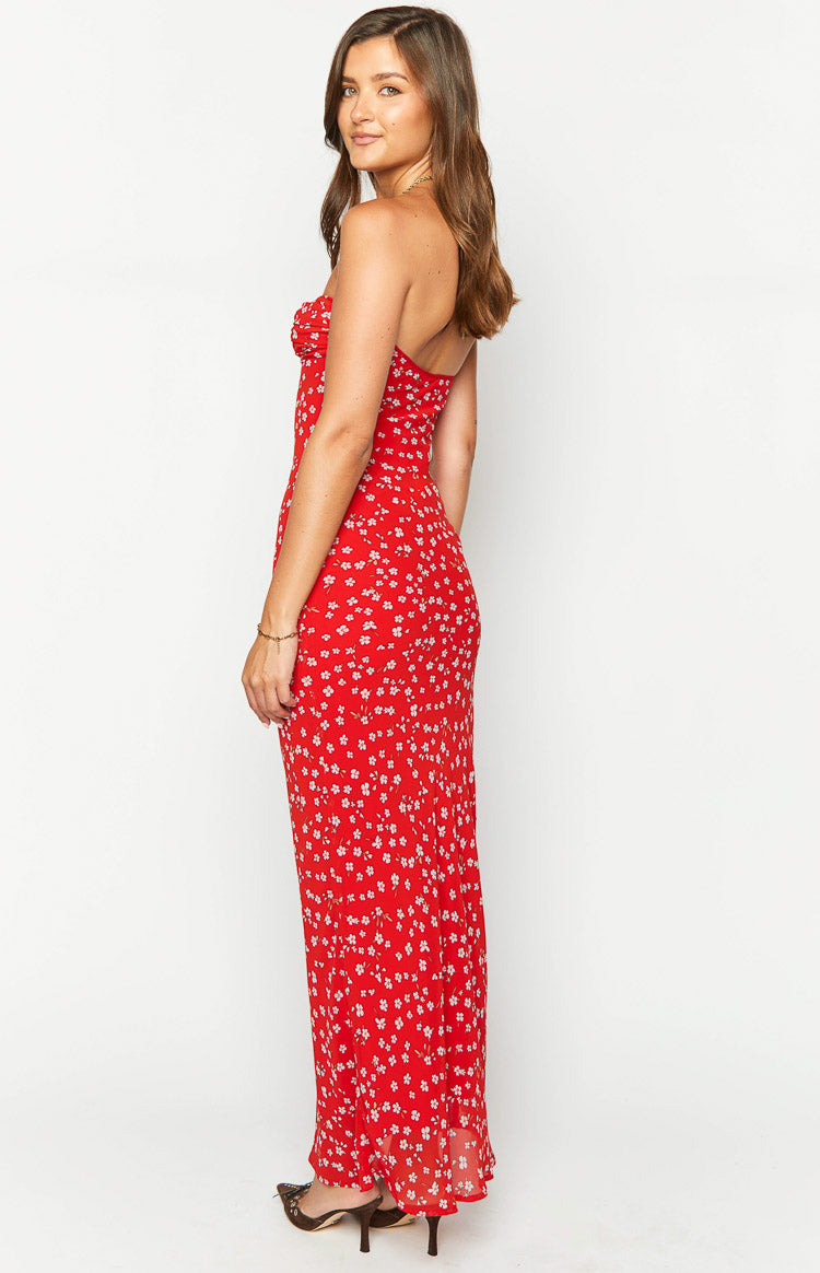 Red Floral Formal Maxi Dress