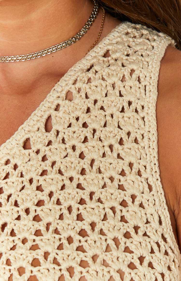 Beige Crochet Knit Mini Dress
