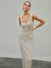 Beige Stripe Knit Midi Dress