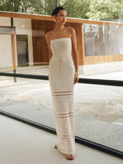 Beige Crochet Knit Strapless Maxi Dress