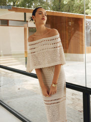 Beige Crochet Knit Strapless Maxi Dress