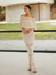 Beige Crochet Knit Strapless Maxi Dress