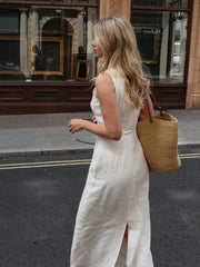 White Linen Sleeveless Midi Dress