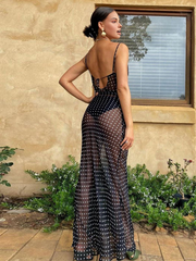Black Polka Dot Print Backless Maxi Dress