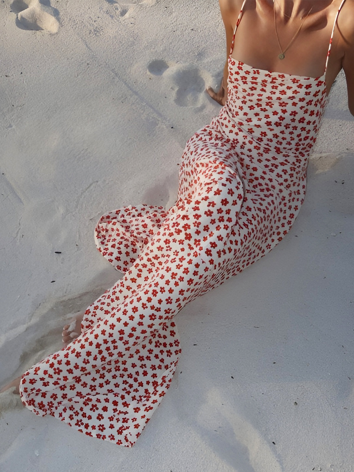 Red Floral Backless Slip Midi Sundress