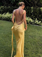Yellow Backless Satin Maxi Dress