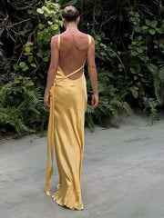 Yellow Backless Satin Maxi Dress