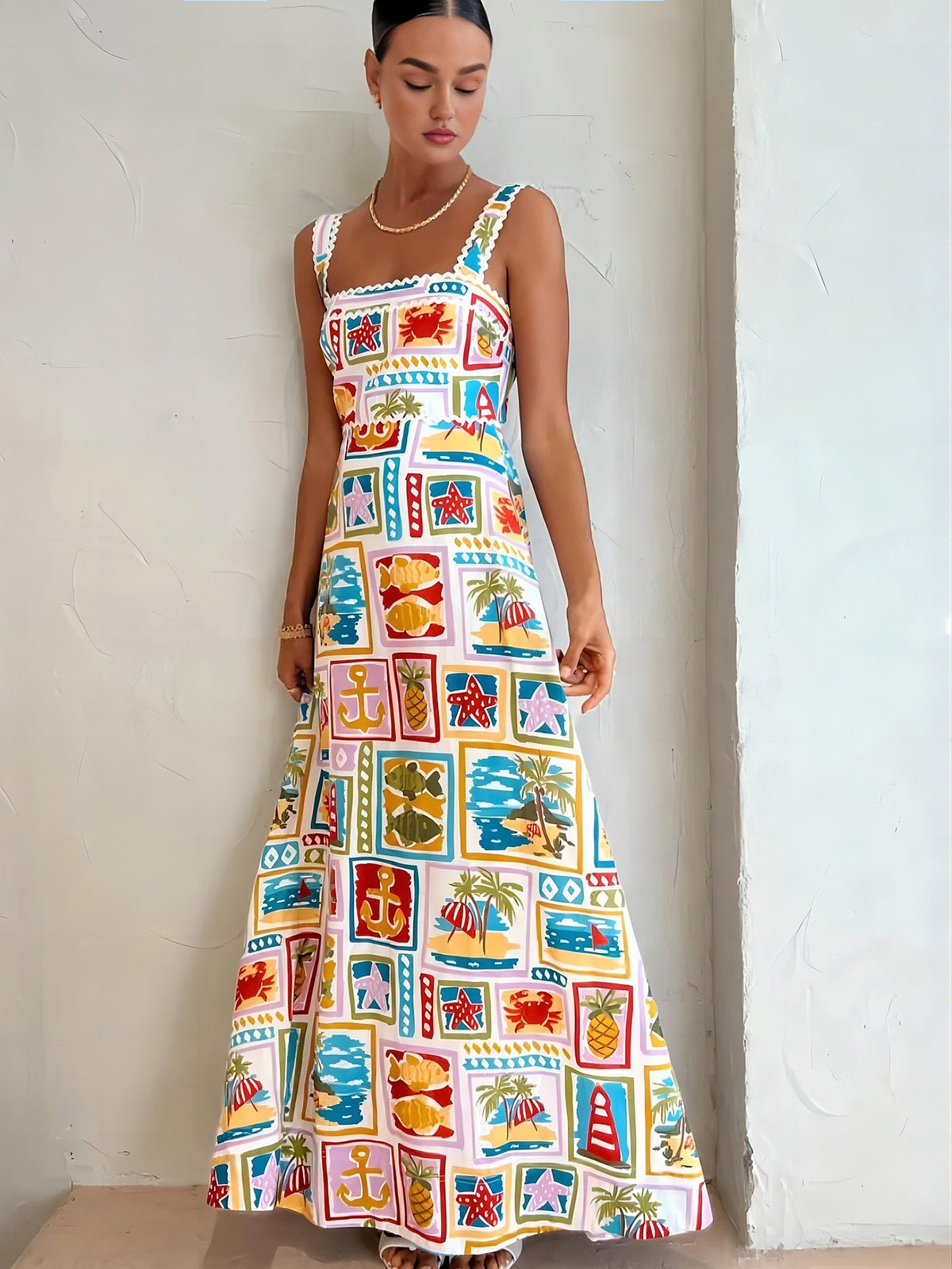 Colorful Stamps Print Sleeveless Maxi Dress