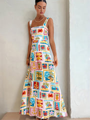 Colorful Stamps Print Sleeveless Maxi Dress