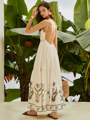 Beige Floral Backless Maxi Dress