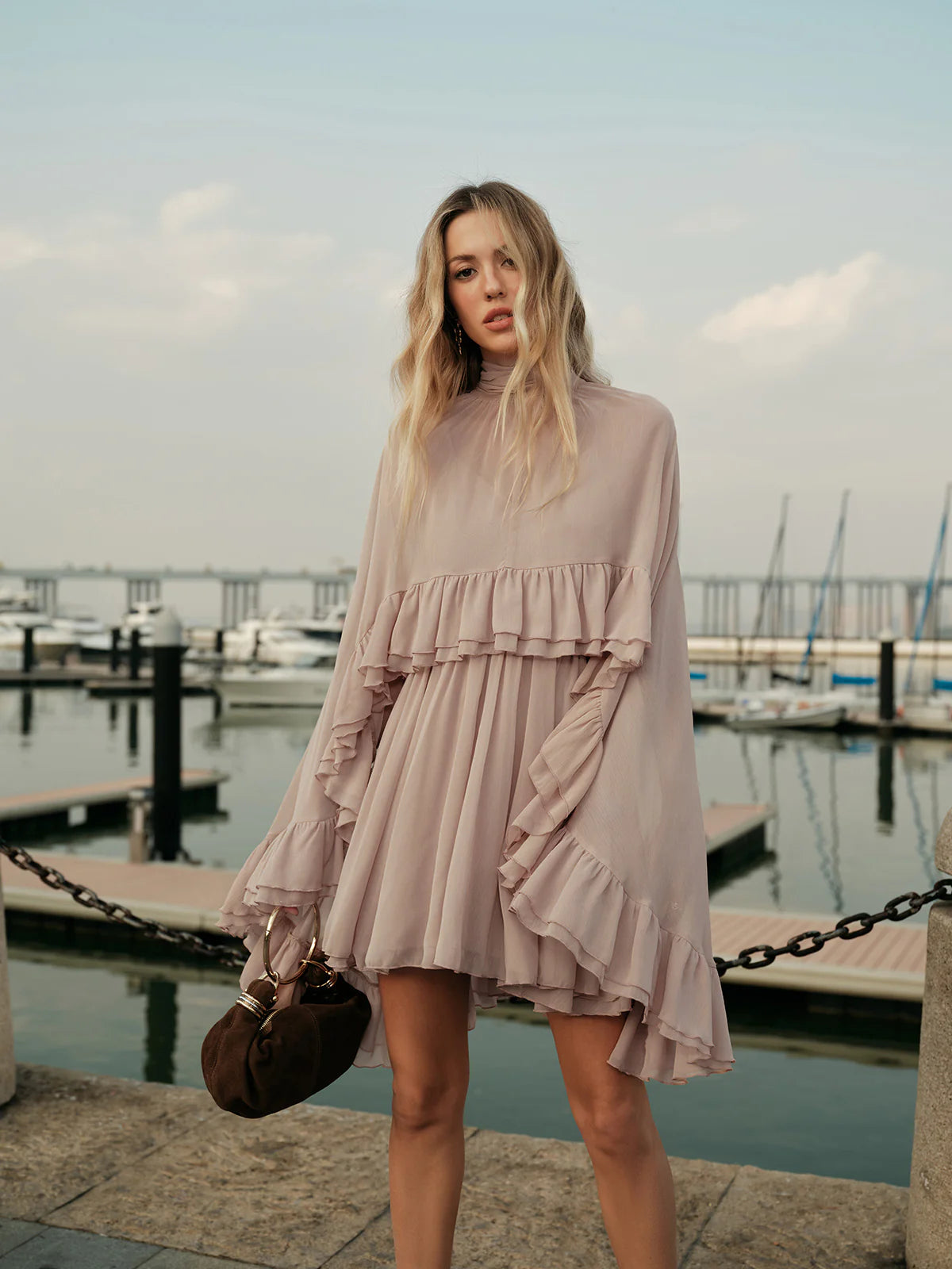 Pink Ruffled Cape Mini Dress