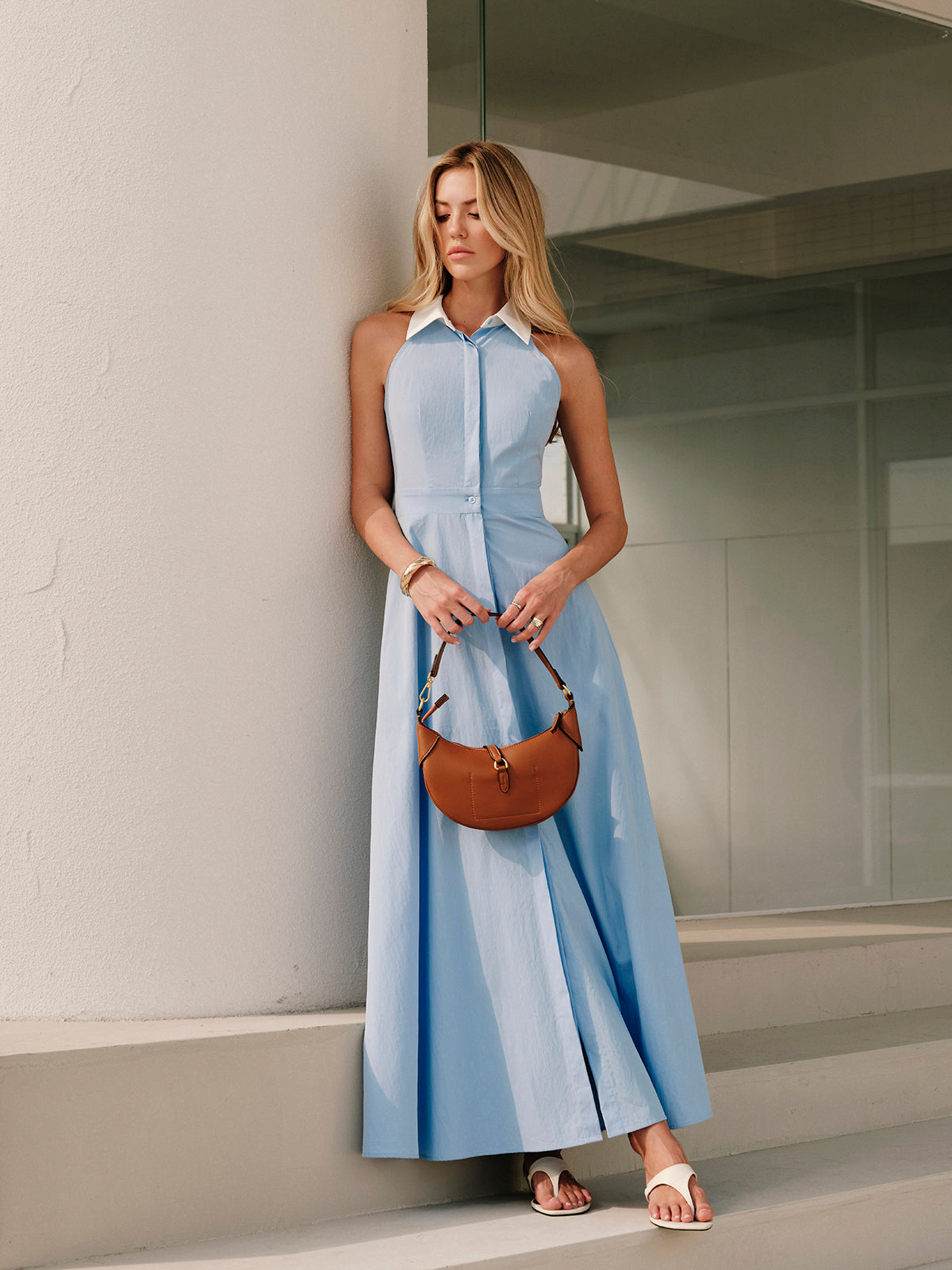 Sky Blue Sleeveless Midi Shirt Dress