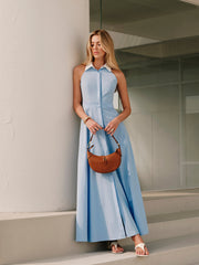 Sky Blue Sleeveless Midi Shirt Dress