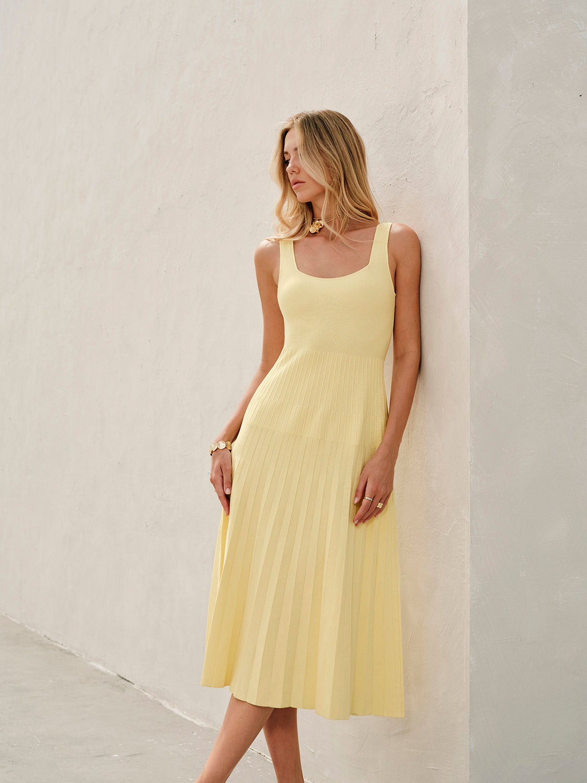 Yellow Ribbed Knit Midi Dress
