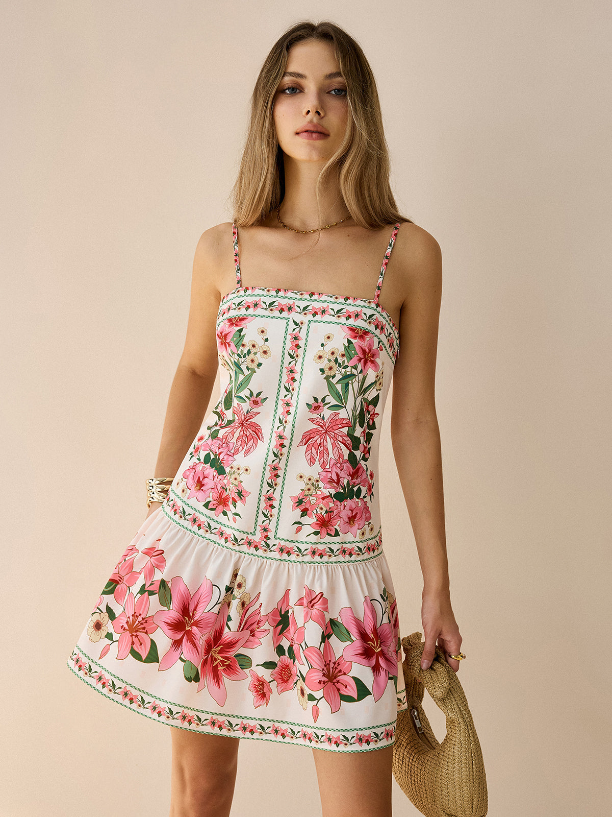 Pink Rose Print Slip Mini Dress