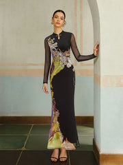 Black Artistic Floral Long Sleeves Midi Dress