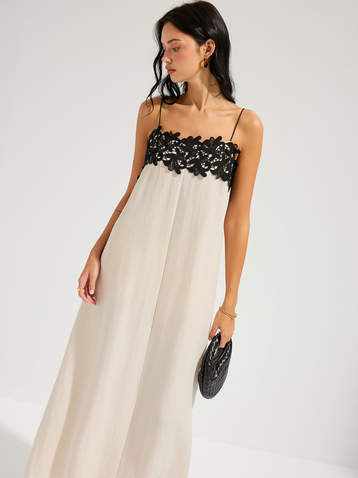 Color Block Lace Trim Slip Midi Dress