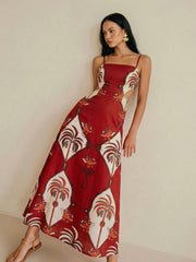 Red Tropical Print Cami Maxi Dress