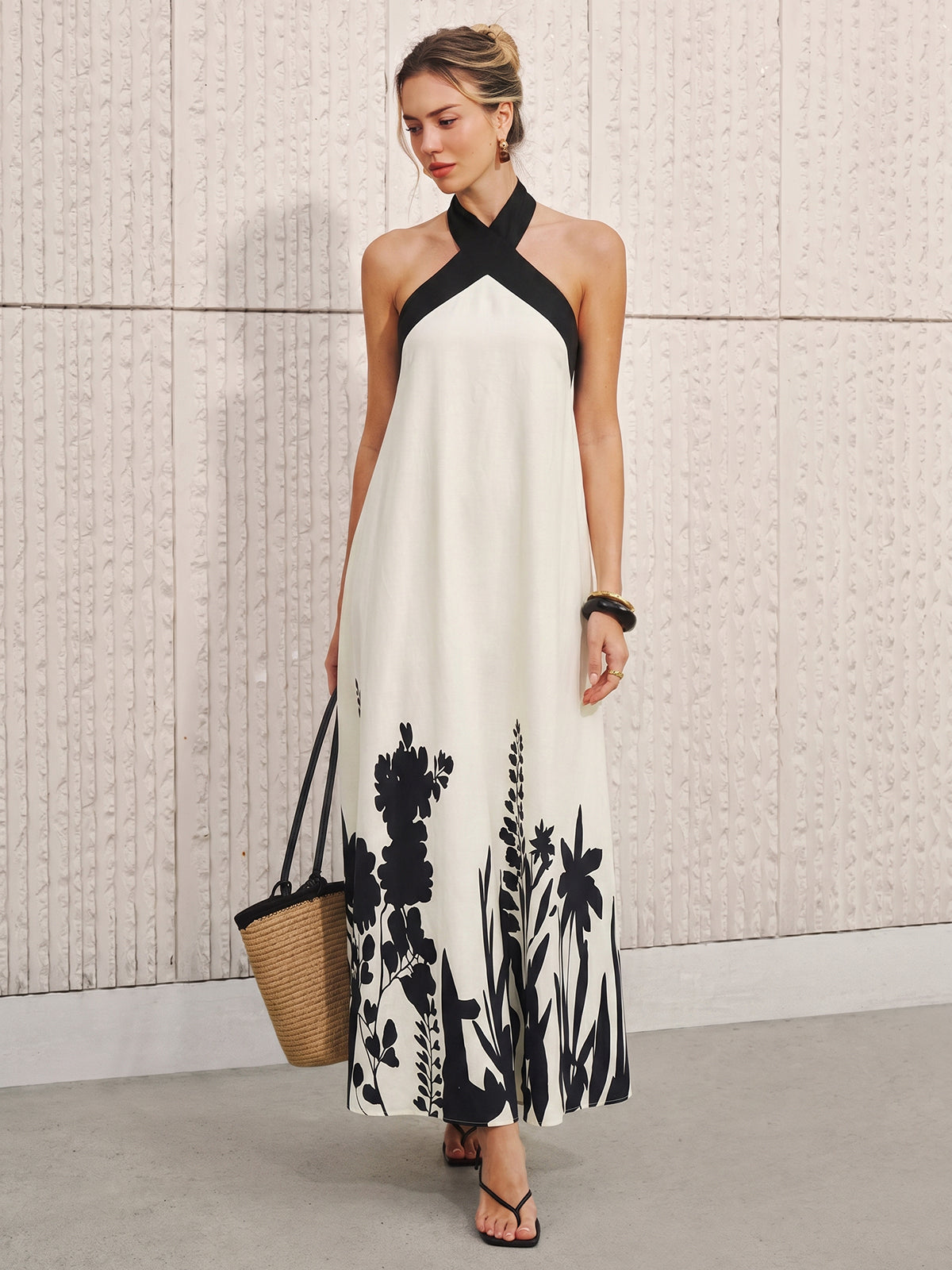 Black White Floral Halter Midi Dress