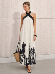Black White Floral Halter Midi Dress