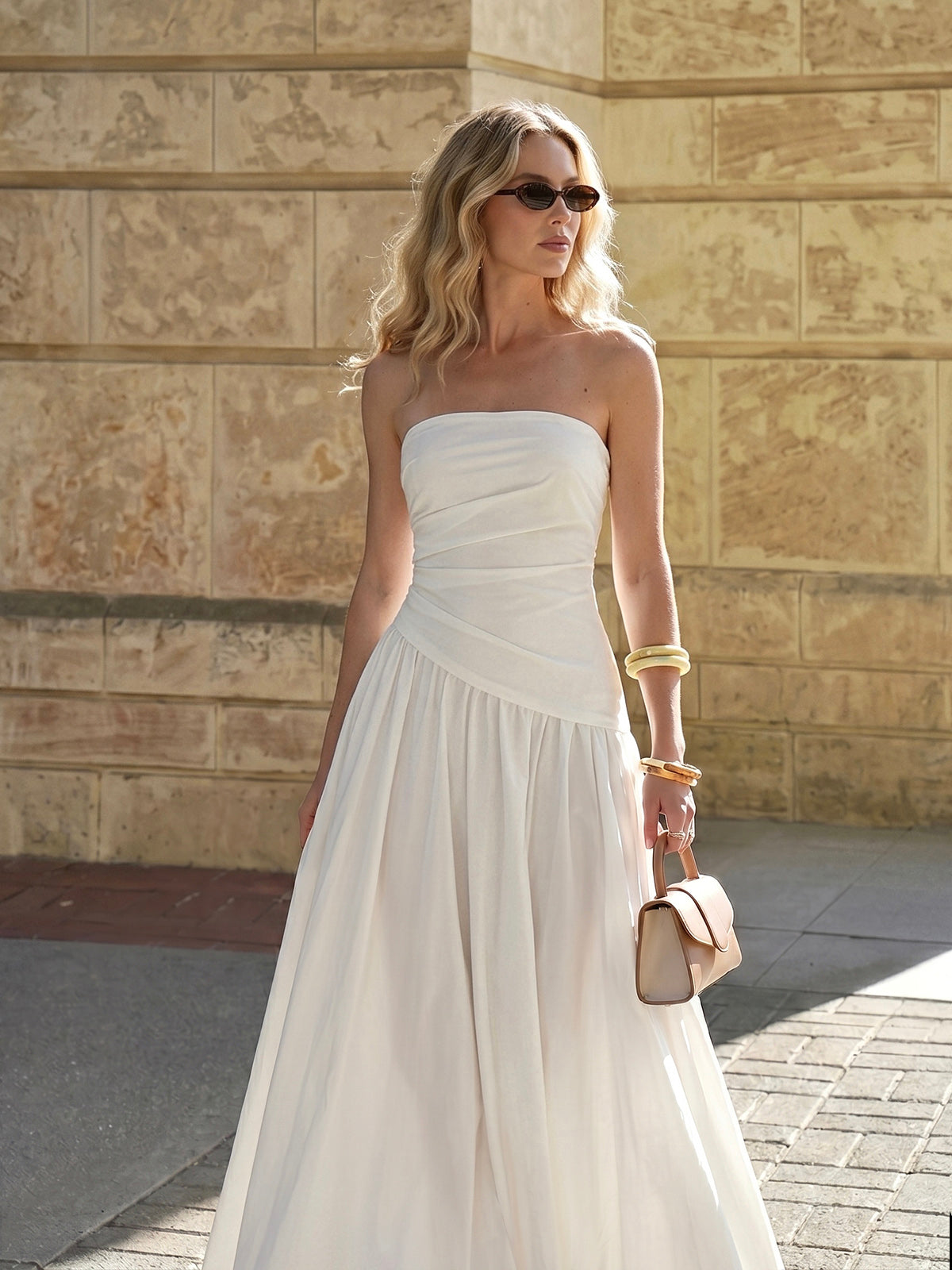 White Strapless Ruched Maxi Dress