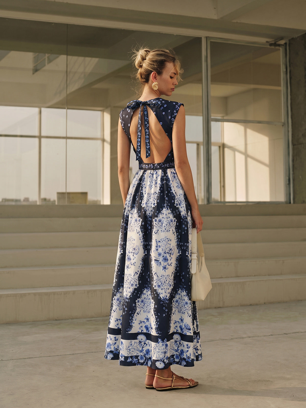 Navy Floral Backless Midi Dress