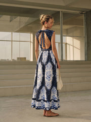 Navy Floral Backless Midi Dress