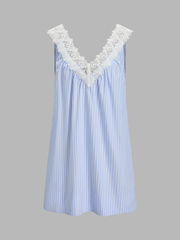 Blue Striped Lace Trim Mini Dress